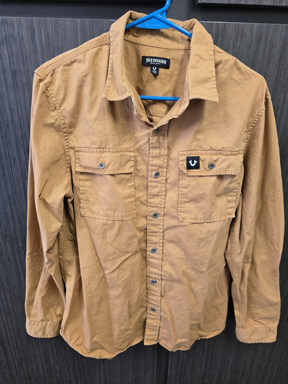 True Religion Men's Button Front Shirt Medium Tan Brown Long Sleeve